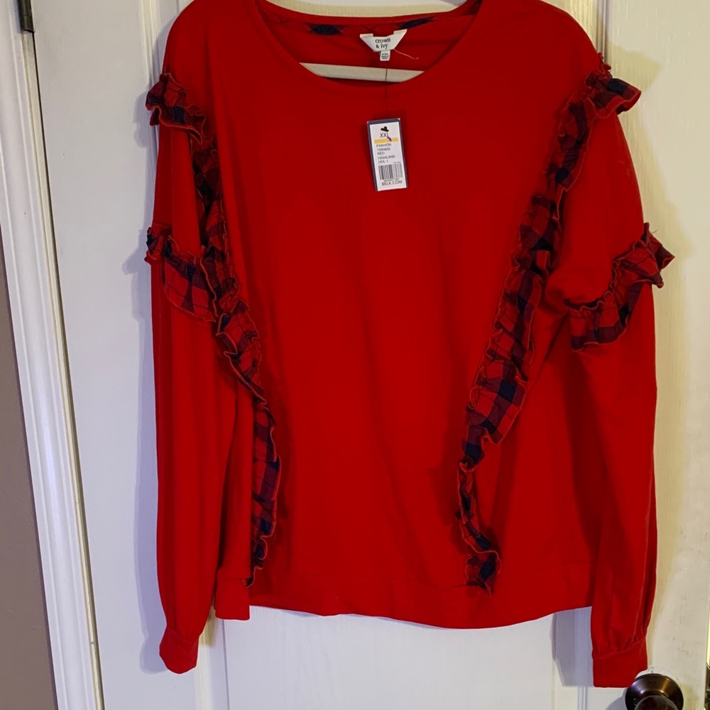 Crown & Ivy Vibrant Red Sweatshirt with Plaid Accents